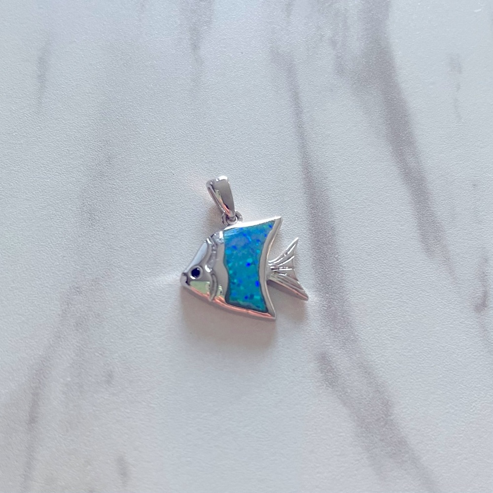 925 Sterling Silver Angel Fish Pendant With Blue Opal and Obsidian